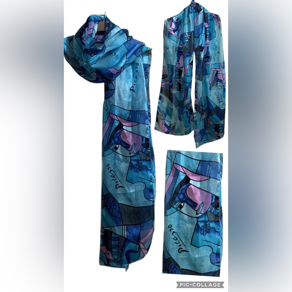 Vintage Pablo Picassso Sitting Woman Abstract Cubist Art To Wear Scarf Blue